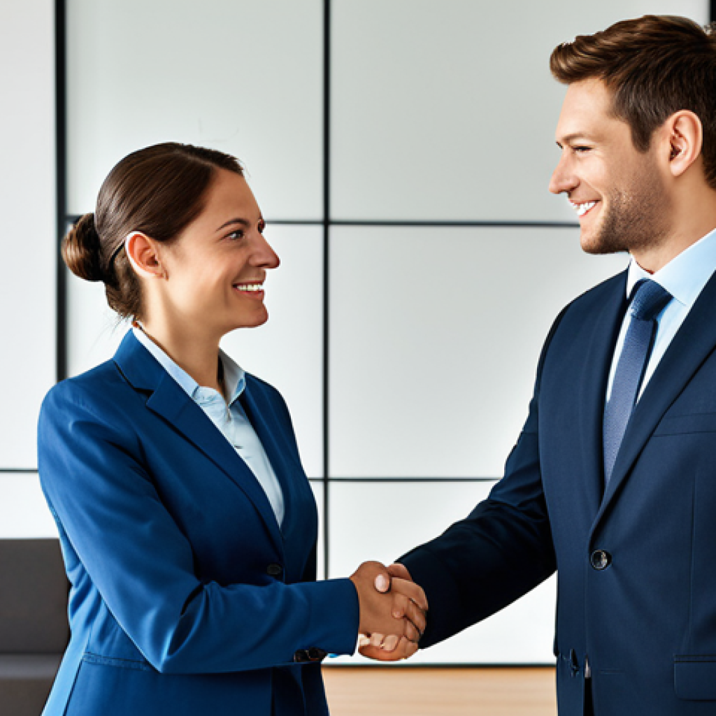 Business Communication**

"A professional businesswoman in a modest business suit, shaking hands with a male colleague in a modern office setting, fully clothed, appropriate attire, safe for work, perfect anatomy, natural proportions, professional photography, high quality, emphasizing trust and effective communication, family-friendly."

**