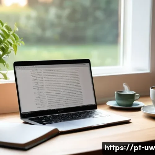 Home 30 표현력 향상을 위한 창작 글쓰기 방법 - A cozy creative writing workspace featuring a wooden desk by a large window with soft natural mornin...