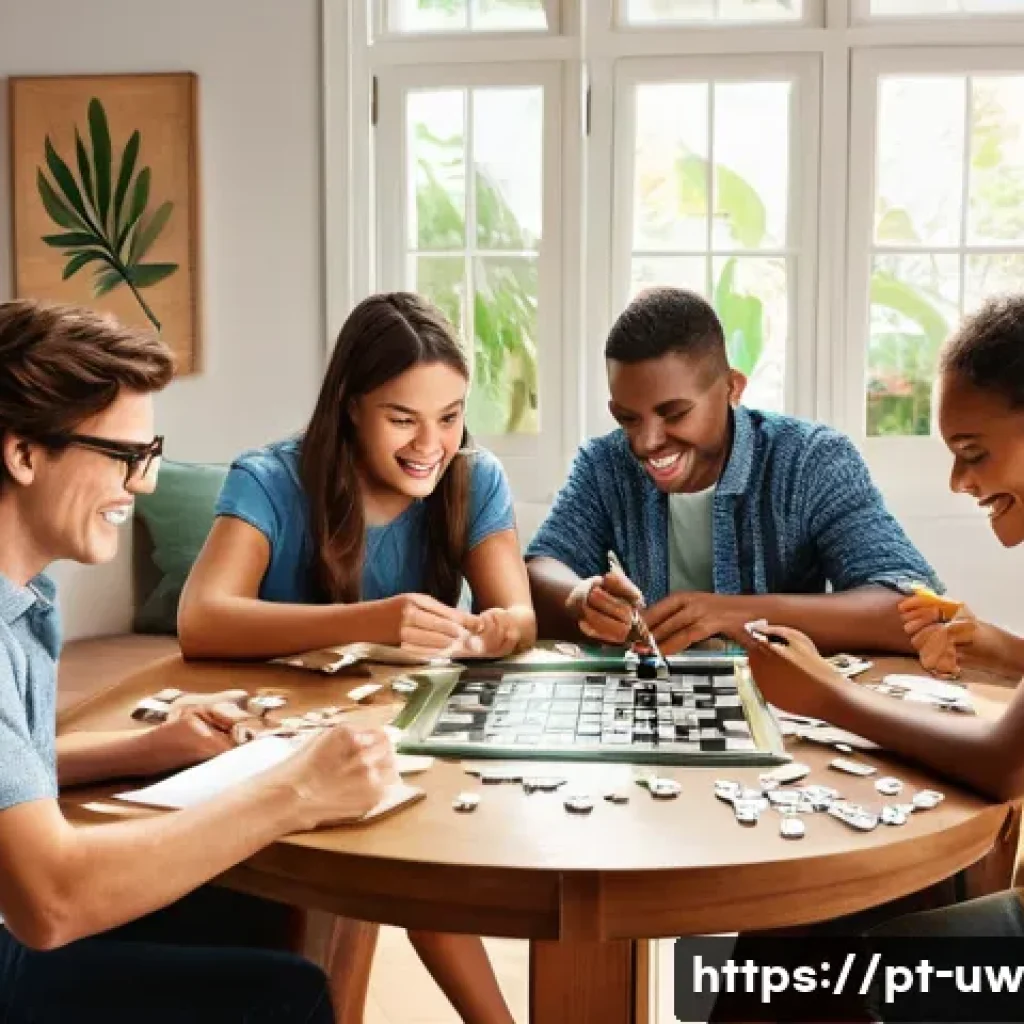 표현력 강화를 위한 어휘 게임 - A cozy, sunlit living room scene where a diverse group of adults and teenagers are gathered around a...