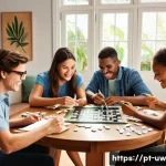 Home 17 표현력 강화를 위한 어휘 게임 - A cozy, sunlit living room scene where a diverse group of adults and teenagers are gathered around a...