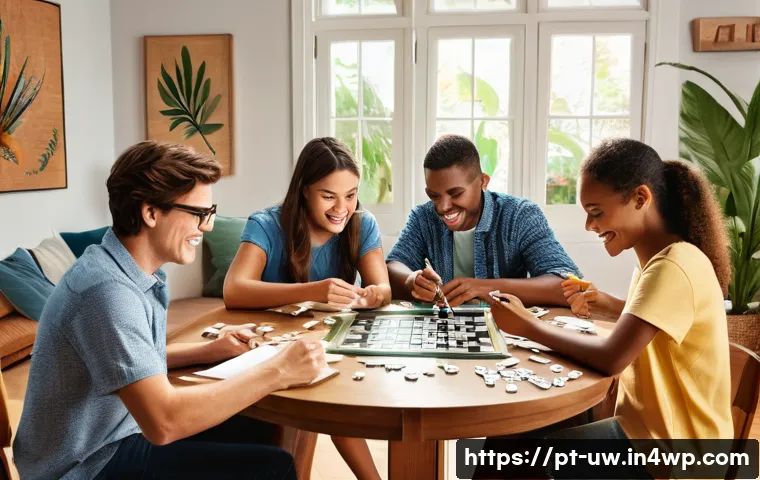 표현력 강화를 위한 어휘 게임 - A cozy, sunlit living room scene where a diverse group of adults and teenagers are gathered around a...