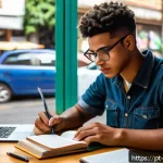 Home 16 어휘력 개발의 필요성과 효과 - A young adult sitting at a cozy cafe table in São Paulo, Brazil, surrounded by books and a laptop, a...