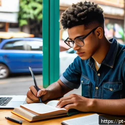 Home 28 어휘력 개발의 필요성과 효과 - A young adult sitting at a cozy cafe table in São Paulo, Brazil, surrounded by books and a laptop, a...