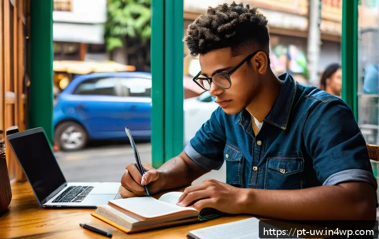 어휘력 개발의 필요성과 효과 - A young adult sitting at a cozy cafe table in São Paulo, Brazil, surrounded by books and a laptop, a...