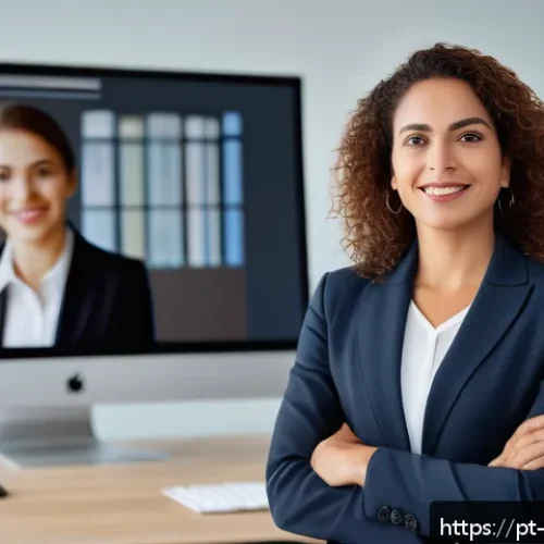 Home 15 표현력 향상을 위한 계획 세우기 - A confident Brazilian professional woman in a modern office setting, delivering a presentation to a ...